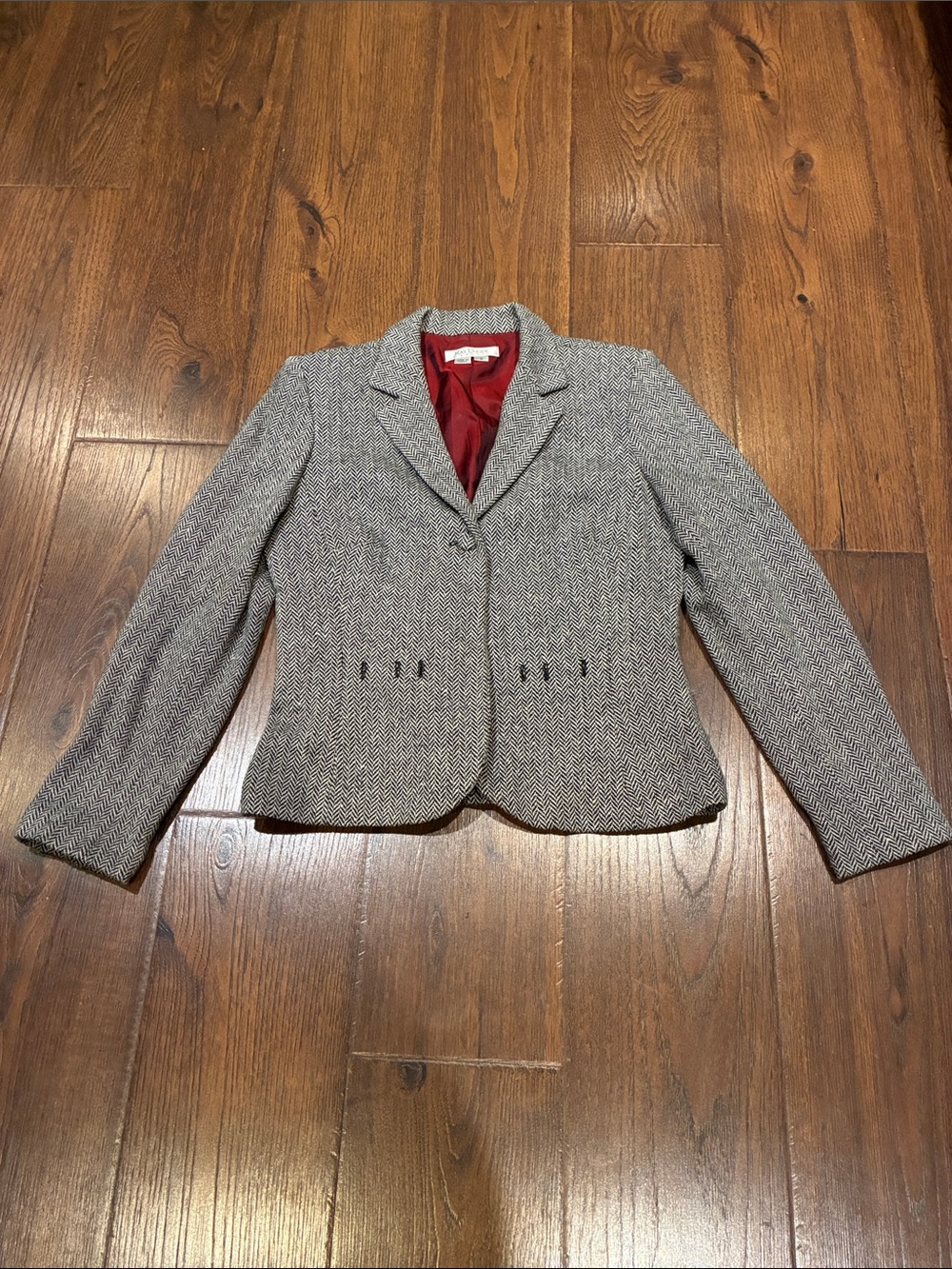Kay Unger Gray Herringbone Blazer with Red Lining